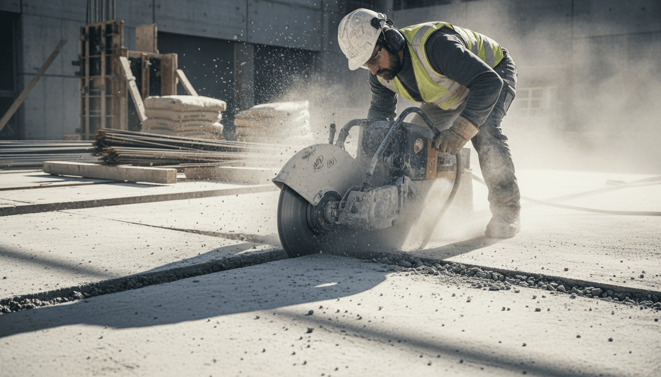 CivilCore Drilling concrete saw cutting through thick concrete with operator in safety gear on active job site